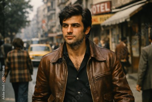 Vintage portrait of a stylish young man walking through a retro city street, evoking the cinematic atmosphere of 1970s urban life and timeless fashion.