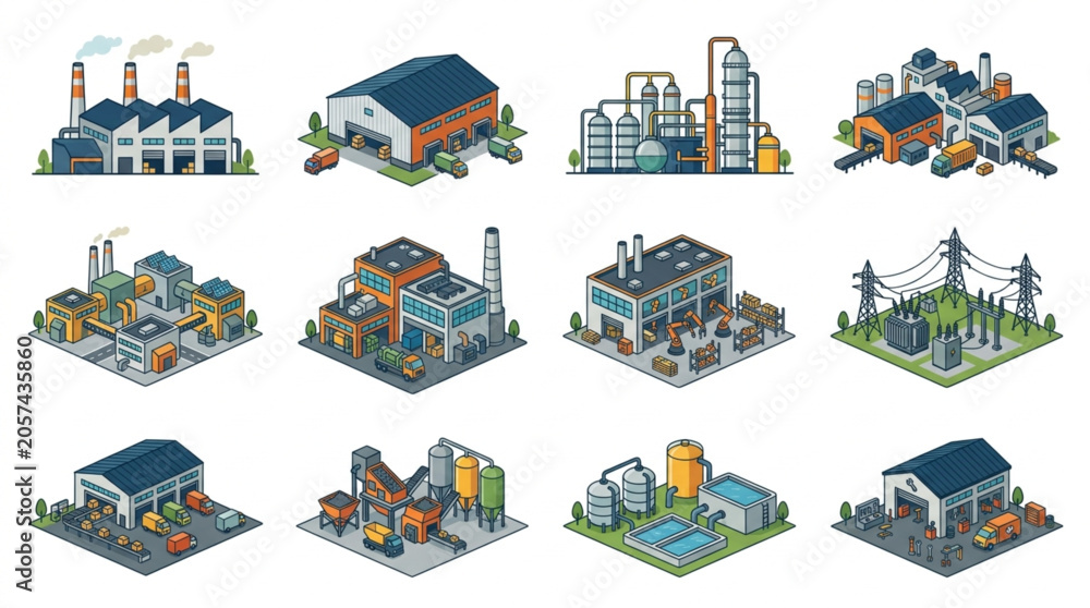 Fototapeta premium Isometric illustrations of various industrial buildings.
