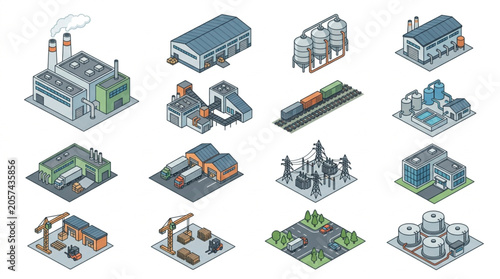 Isometric illustrations of various buildings.