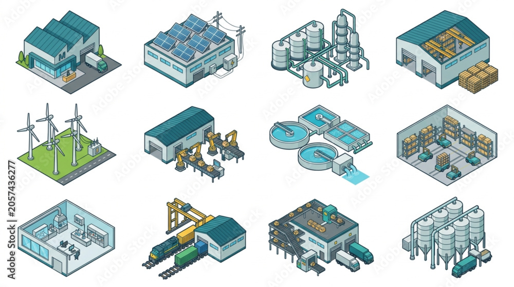 Fototapeta premium Isometric illustrations of various industrial buildings.