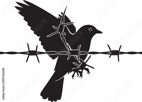 Black silhouette of a flying bird trapped behind sharp barbed wire fence