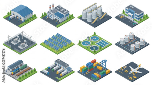 Isometric industrial buildings and facilities set.