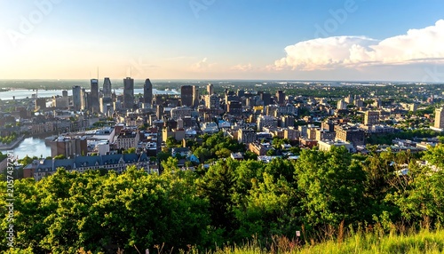 Urban skyline view from elevated green park.