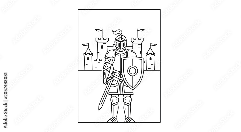 Fototapeta premium Medieval Knight in Armor with Sword and Shield in Front of Castle