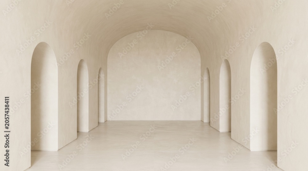 Fototapeta premium Minimalist empty room with symmetrical arched doorways