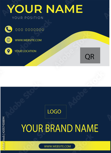 Modern corporate business card template with elegant navy blue and yellow color scheme. Clean double-sided visiting card design featuring geometric background, rounded corners, contact information sec