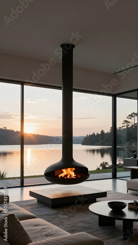 Contemporary Living Room Design with Suspended Black Fireplace and Expansive Glass Walls Overlooking a Tranquil Lake