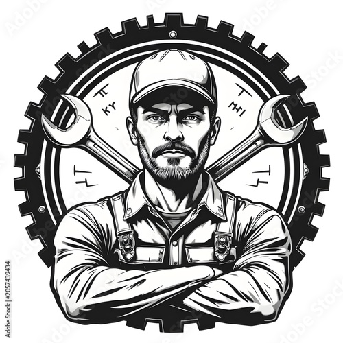 A man in a cap with crossed arms and wrenches behind him on adobe stock vectors