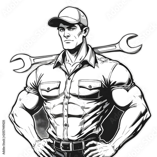 A muscular adobe stock man in a cap and shirt holds a large wrench on his shoulder confidently.