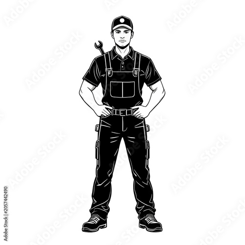 An adobe stock illustration of a confident technician standing with hands on hips wearing overalls