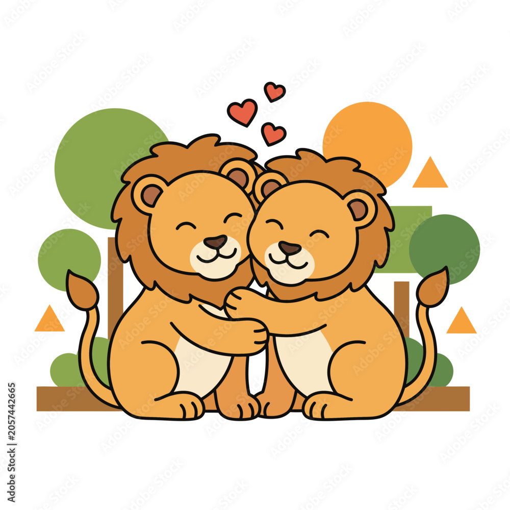 Obraz premium Two lions sitting together in a forest with hearts above them