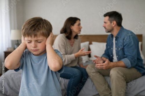 Upset child covering ears while parents argue in the background, illustrating family conflict, divorce stress and emotional impact on children.