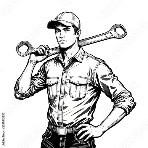 Man in adobe stock illustration holds large wrench on shoulder confidently