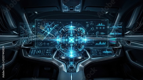 Futuristic vehicle cockpit with digital displays and advanced technology