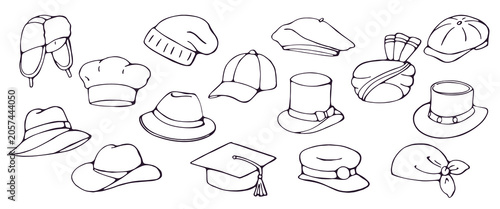Hand drawn set of 15 different hats in various styles doodle illustration on white background