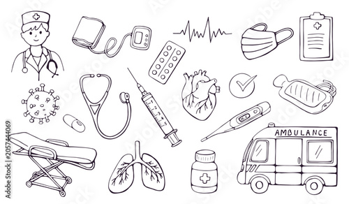 Hand drawn medical doodle set with doctor and healthcare icons on white background