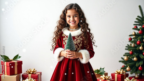 And bright smile wearing iteration a red velvet Christmas dress with golden embroidery and white