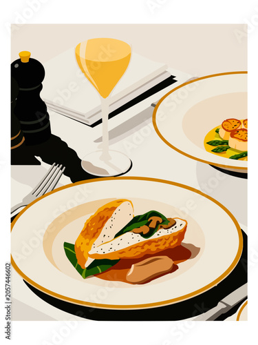 An elegant illustration of a fine dining table featuring a plate of stuffed chicken breast, a dish of seared scallops, and a glass of white wine.