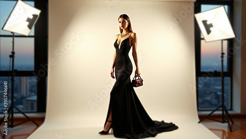 Elegant black evening gown iteration standing in front of a large white backdrop illuminated by