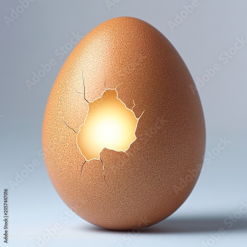 Cracked eggshell reveals a soft light representing hope and the start of life