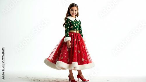 Beautiful girl years old iteration wearing a red and green festive Christmas outfit sparkling snowflake