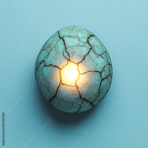 A cracked turquoise egg reveals a warm glow captivating the observer with its charm