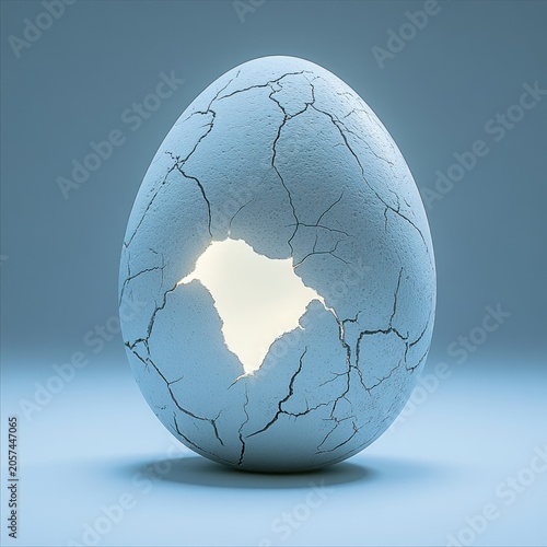 A large blue egg with cracks revealing bright light suggesting transformation and hope