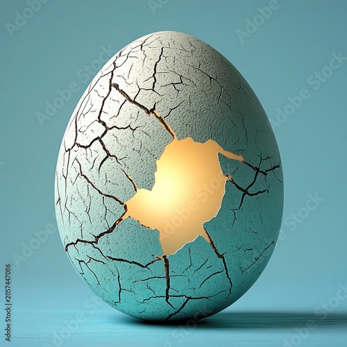 A beautiful cracked egg reveals a warm light suggesting new beginnings and possibilities