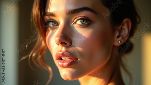 Beautiful girl with clean iteration skin natural makeup flawless complexion subtle lip gloss defined eyebrows