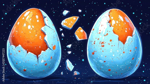 Splendid eggshells crack open in a mystical twilight setting filled with vibrant hues