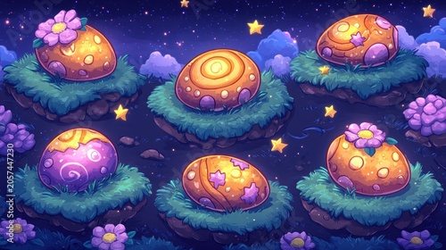 Vibrant eggs adorned with flowers sit on lush grass beneath twinkling stars