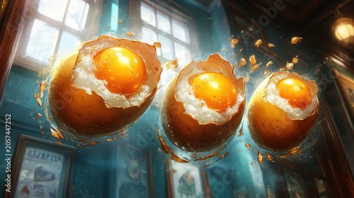 Three perfectly cooked eggs float in a cozy kitchen with inviting decor