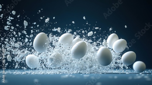 White eggs burst into a cloud of white fragments creating a striking visual spectacle