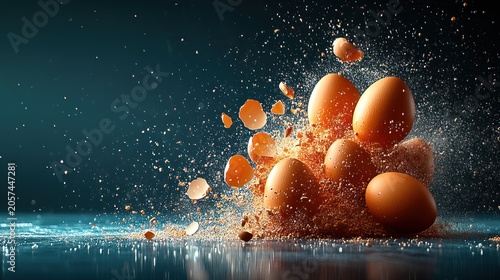 Golden eggs burst apart scattering shells and crumbs in a vibrant display of energy