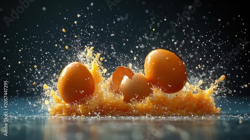 Cracked eggs burst open sending bright yellow yolks and droplets flying in the air