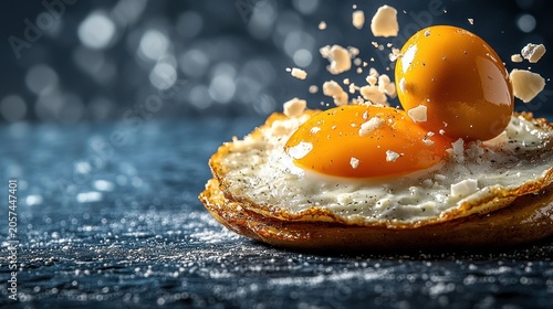 Fried eggs sit invitingly with bright yolks and a sprinkle of seasoning on a dark surface