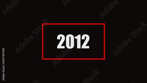 2012 number animation on black background. Old film style historical year loop. White 1962 number text with rectangle animation..