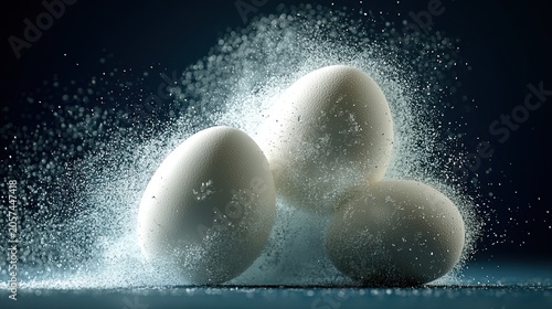 Three white eggs sit gently amid a soft swirl of powder evoking calm