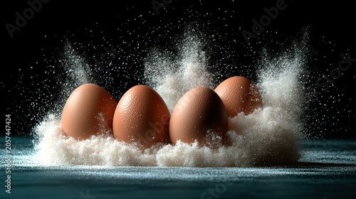 Eggs resting on a soft bed of flour create a beautiful scene of culinary delight
