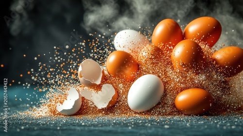 Colorful eggs sit among golden particles in a vibrant kitchen scene