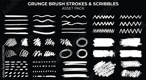 Φωτογραφία Grunge brush strokes and scribbles asset pack, white hand drawn ink textures on
