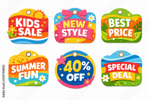 Collection of vibrant summer-themed sale tags featuring promotions like kids sale, new style, best price, summer fun, 40% off, and special deal, designed as attractive retail marketing elements