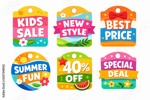 Colorful summer sale tags set offering best price, special deals, kids discounts, and new style promotions, presenting seasonal shopping opportunities with playful design elements