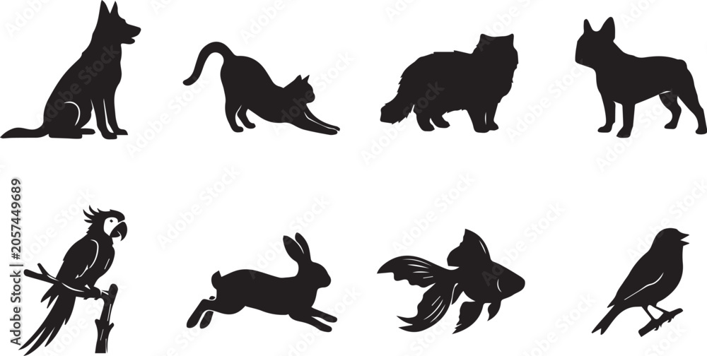 Fototapeta premium Collection of domestic pets and animals black silhouette icons featuring dogs cats parrot rabbit goldfish and songbird silhouettes