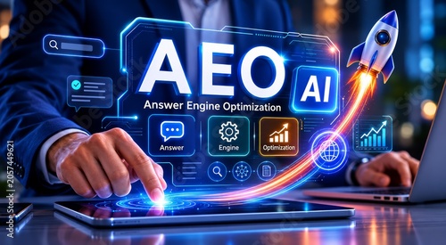 Fototapeta Programmer Working on Answer Engine Optimization AEO Technology for AI Driven Search