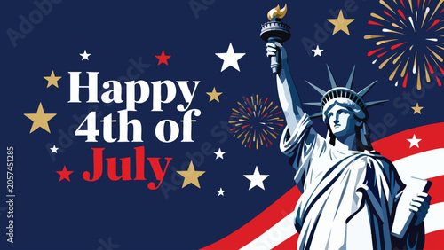 Bild auf Leinwand Illustration of the Statue of Liberty in flat style, with a background of the US flag component with the words Happy 4th of July written on it