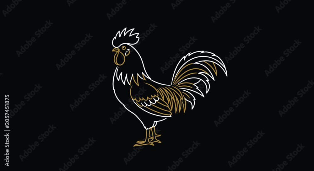 Fototapeta premium Minimalist Rooster Line Art Golden Feathers Black Background