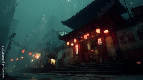 A mysterious building illuminated by red lanterns in a foggy urban setting, creating an atmospheric night scene.