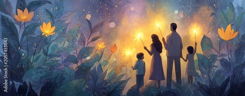 A family enjoying a magical evening in a vibrant garden with glowing lights and beautiful flowers.