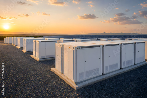 Grid scale battery storage beside solar farm at sunset